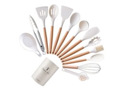 Conjunto De 14 Utensílios De Cozinha De Silicone Antiaderentes E Resistentes Ao Calor Com Cabo De Madeira. Aquaforge