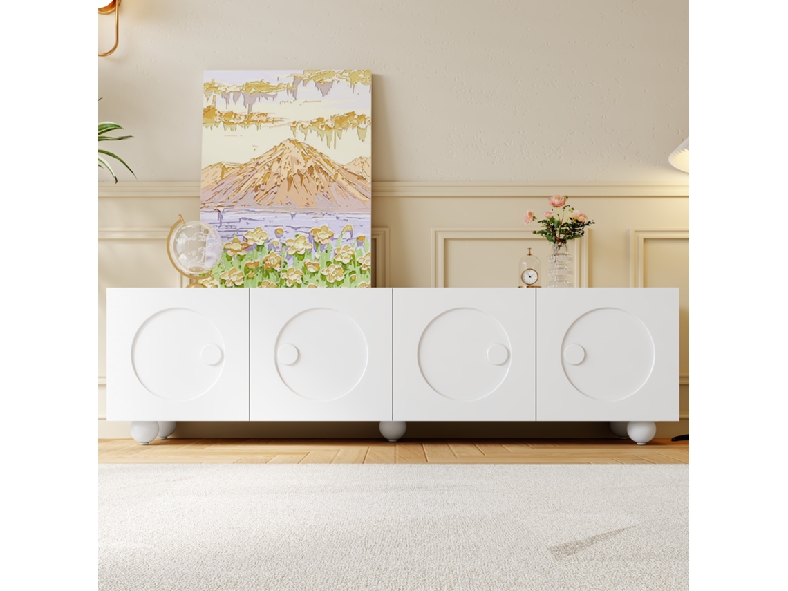 Móvel de TV KOMHTOM, baixo com portas e armazenamento, 180,5x38x50 cm, fachadas 3D em relevo, estilo moderno minimalista, branco