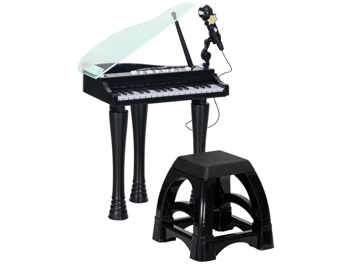 Piano Infantil De 32 Teclas Com Microfone, Banquinho, Luzes, 22 Músicas E 4 Sons, 37x30,5x60,4 Cm, Preto