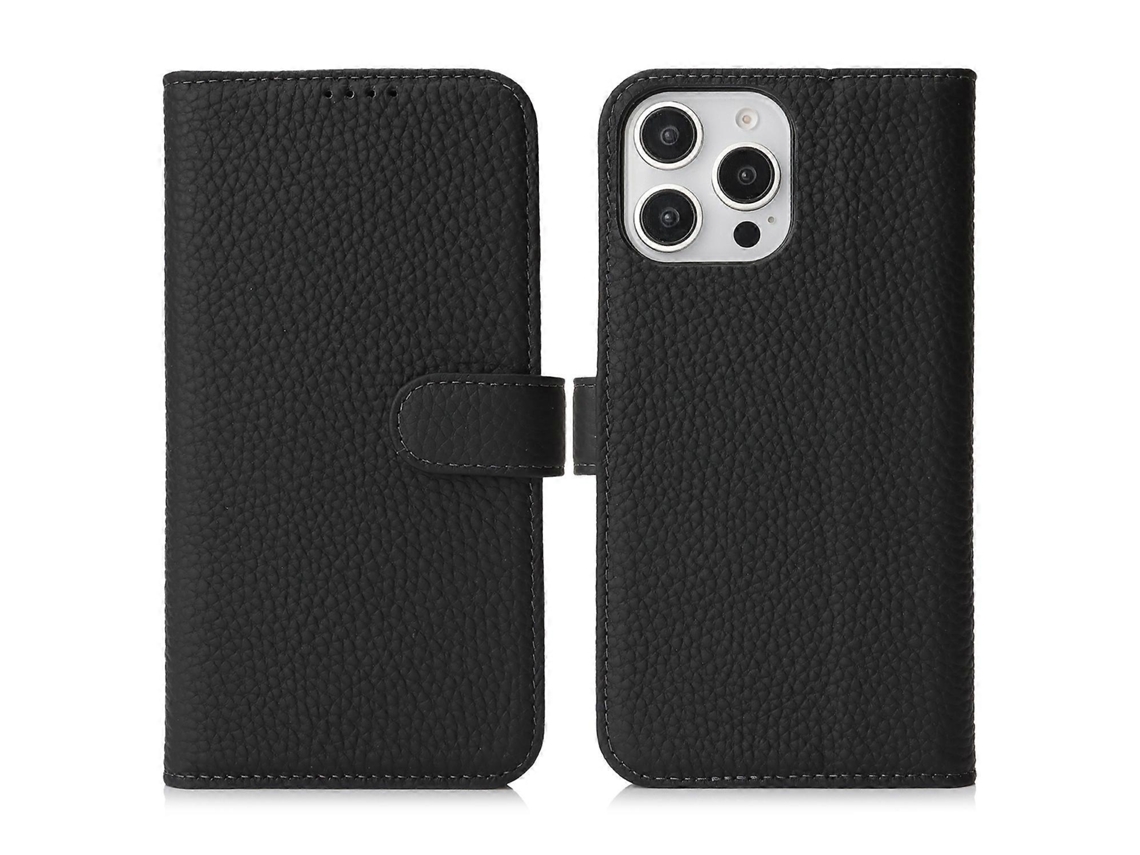 Capa Tipo Carteira Em Couro Bovino Legítimo Com Textura De Lichia Para Iphone 13 Pro Max E 12 Pro Max, Com Bloqueio Rfid, Preta