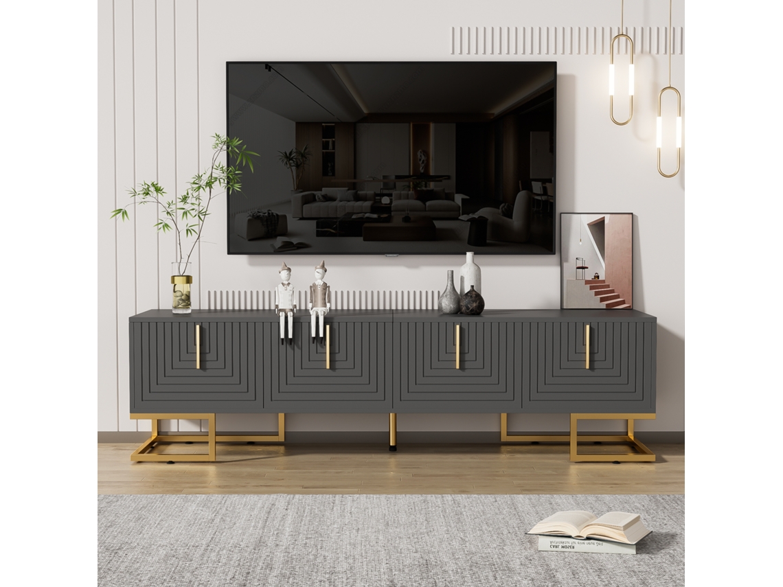 PAPRIKA Rack baixo para TV com portas texturizadas, puxadores dourados e elegantes pés