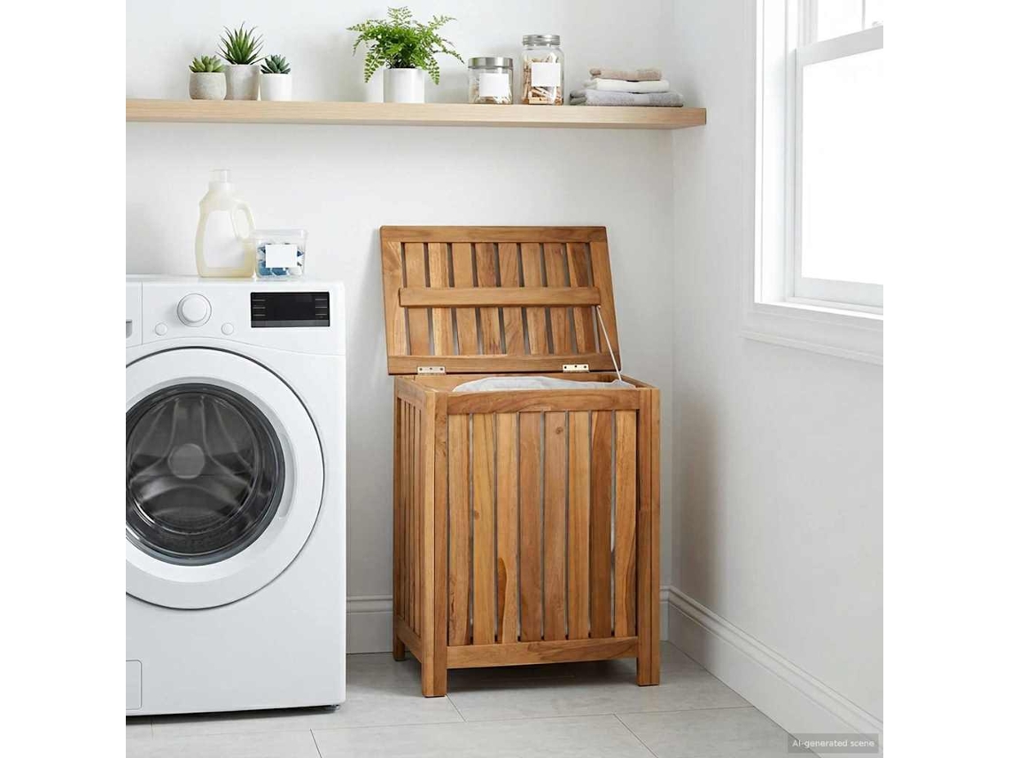 Vidaxl Cesta De Lavanderia Natural Madeira De Teca Sólida