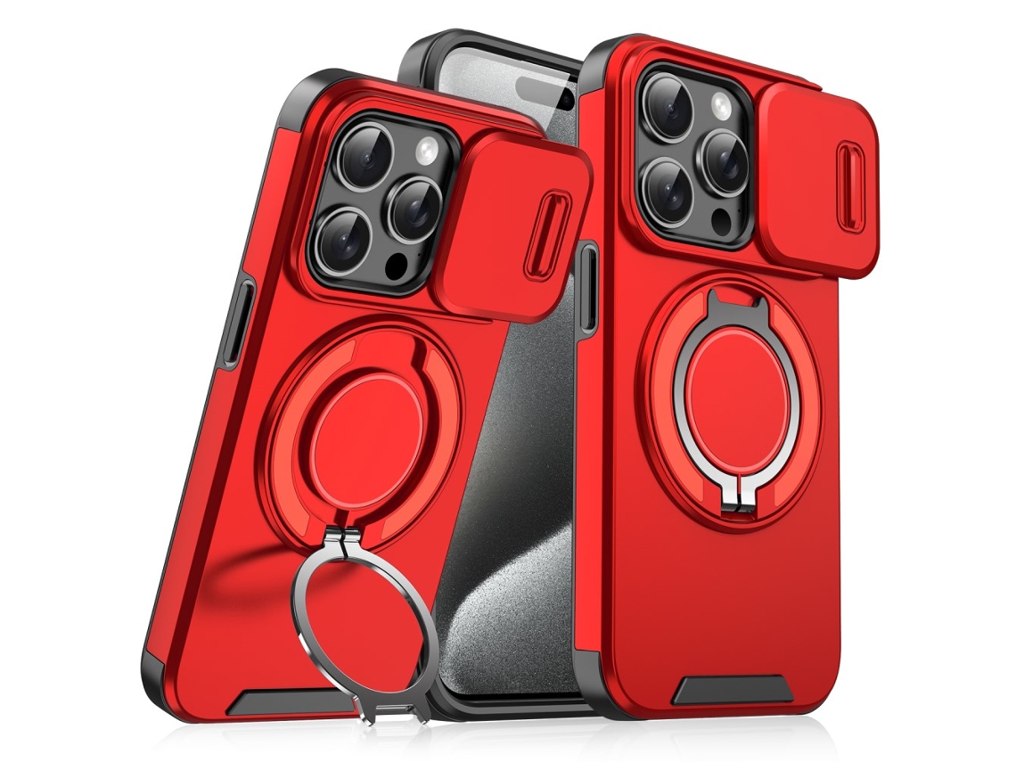 Suporte Casa Slide Câmara Para Iphone 15 Pro Max Pele Sintética Magnética Vermelho
