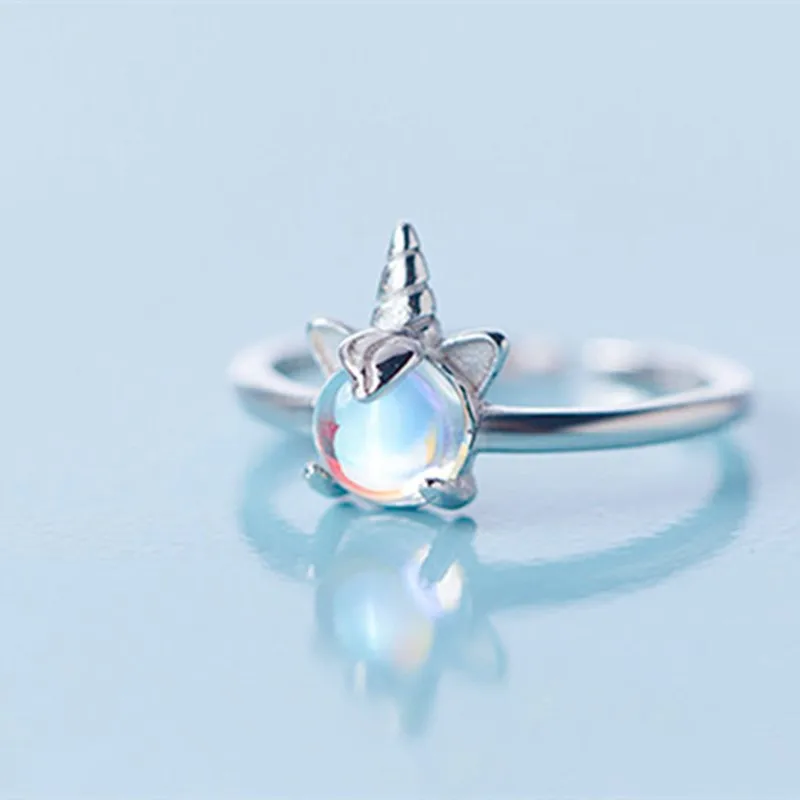 Novo Anel Aberto de Unicórnio com Pedra da Lua Colorida, Elegante e Requintado, Joia Feminina em Prata. MDUG