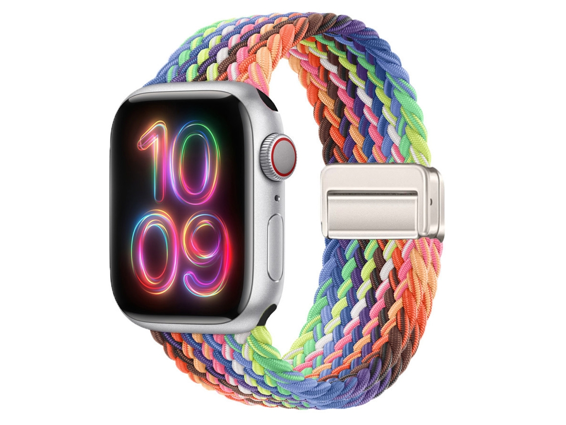 Pulseira elástica magnética de nylon com efeito arco-íris brilhante para Apple Watch, compatível com diversos tamanhos.
