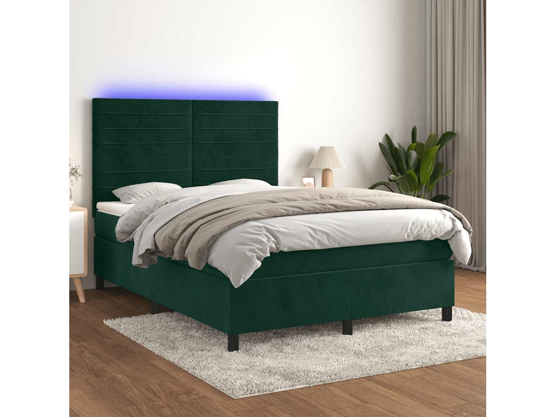Vidaxl Cama Box Spring C/ Colchão/led 140x200 Cm Veludo Verde-escuro