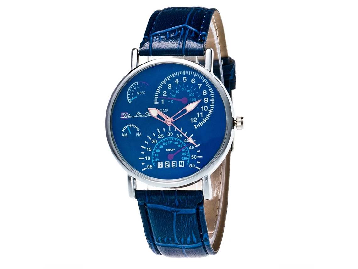 Relógio de pulso masculino com pulseira de PU, mostrador redondo, analógico, quartzo (azul)