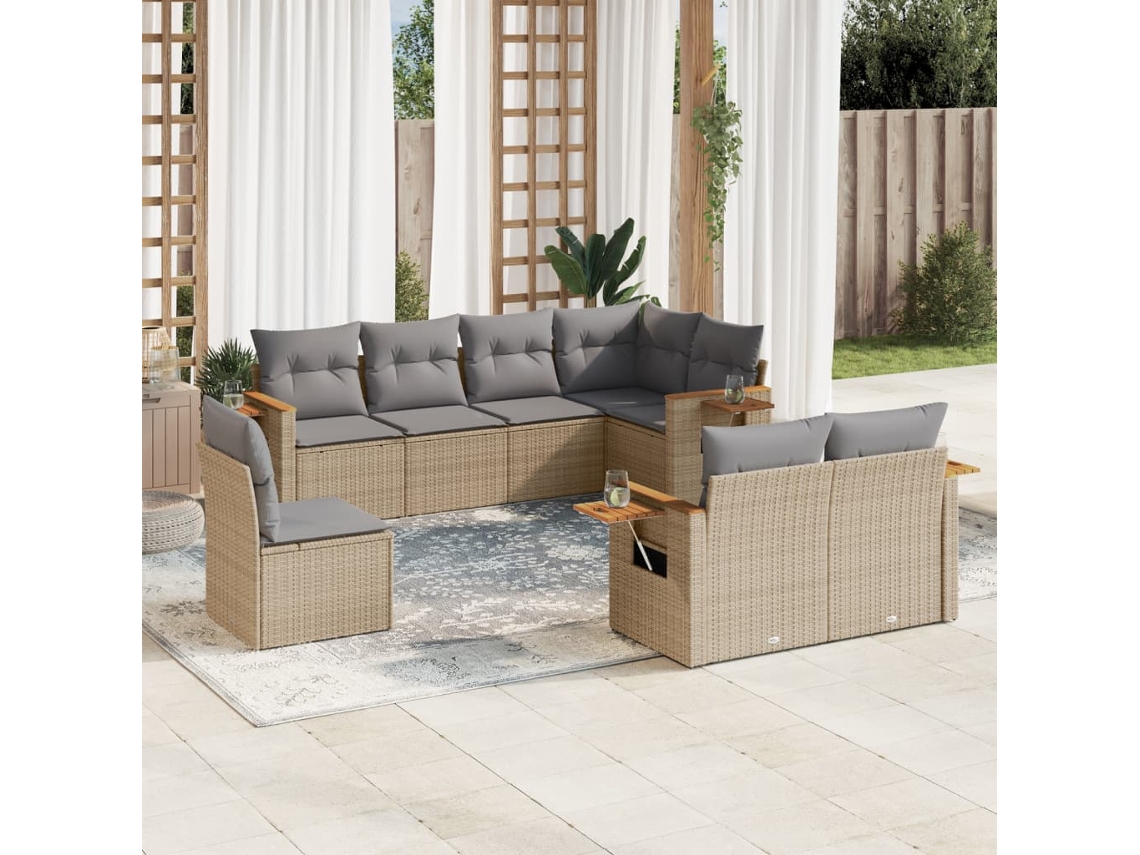 Vidaxl 8 Pcs Conjunto De Sofás P/ Jardim Com Almofadões Vime Pe Bege