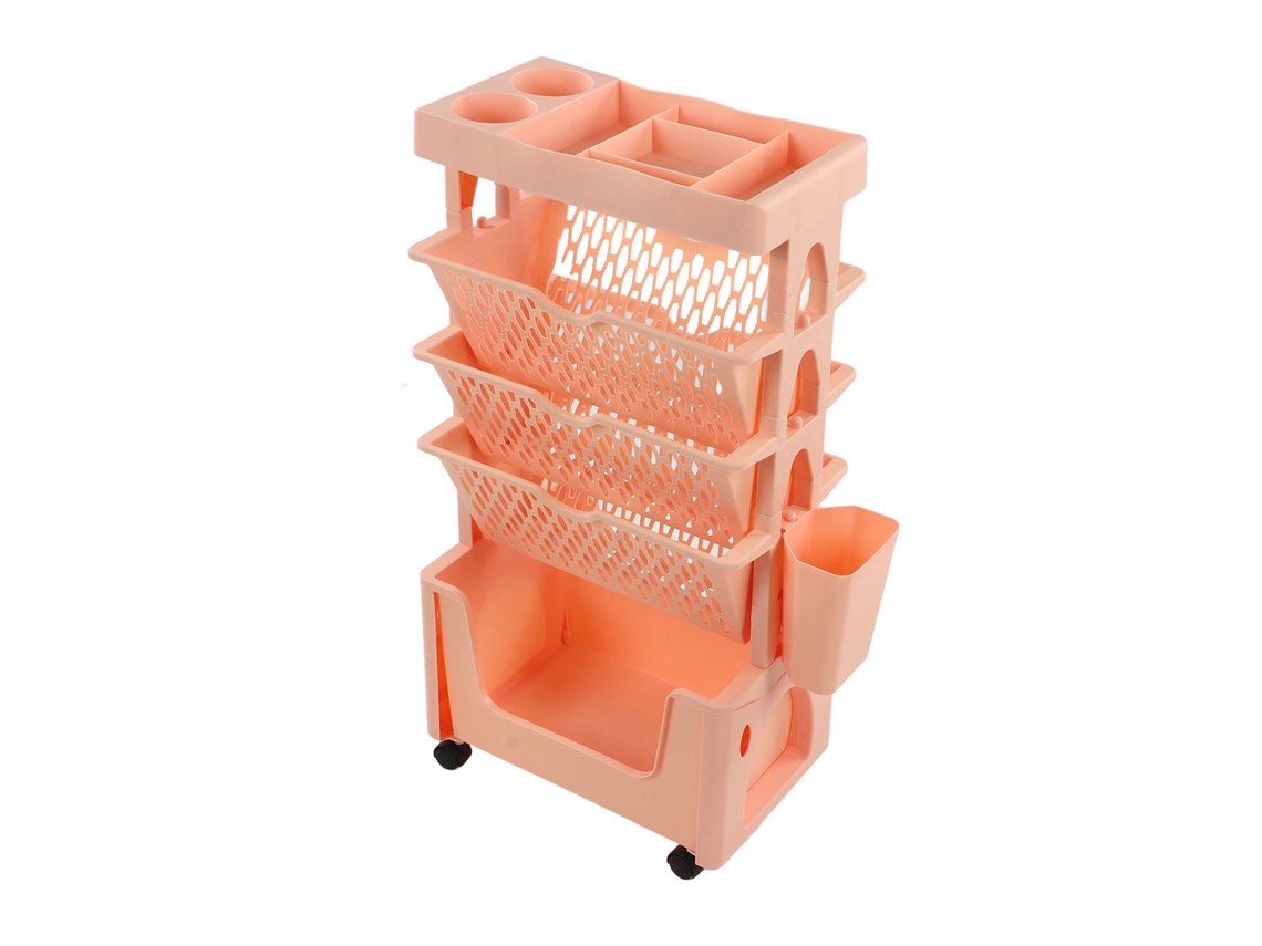 Estante de Livros Móvel 5 Camadas com Rodas, Capacidade Grande, Multifuncional, Rosa