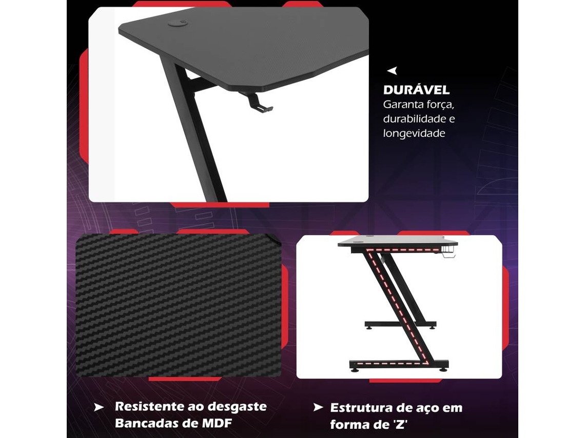Mesa Gaming HOMCOM Com suporte de copos e fones (Preto - 120x65x74,5 cm - MDF)