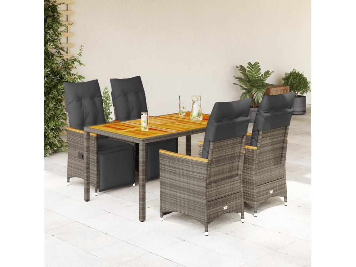 Vidaxl 5 Pcs Conjunto Bistrô De Jardim C/ Almofadões Vime Pe Cinza