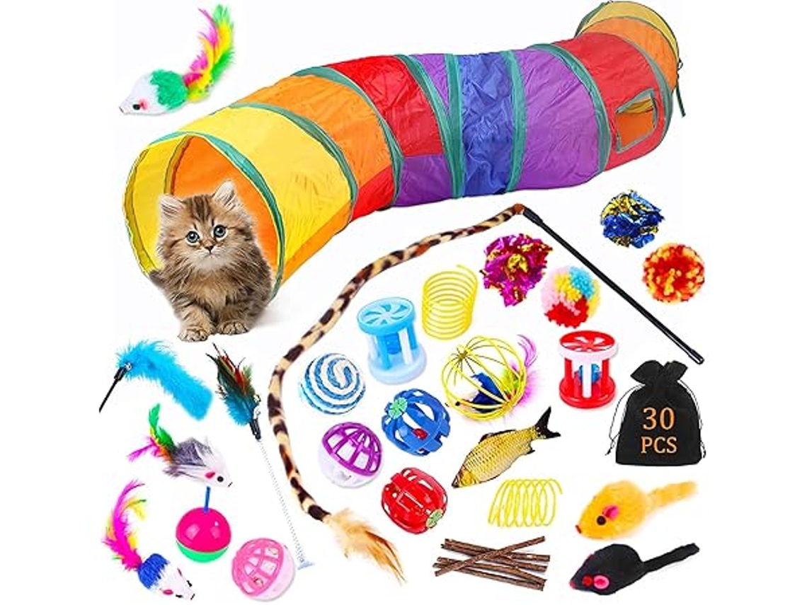 Brinquedos para Gatos, Conjunto de 30 Peças, Interativo, Adequados Gatinhos, Incluindo Túneis, Peixes, Ratos, Penas e Bolas, Cria Ideal, Po STELASPLEN