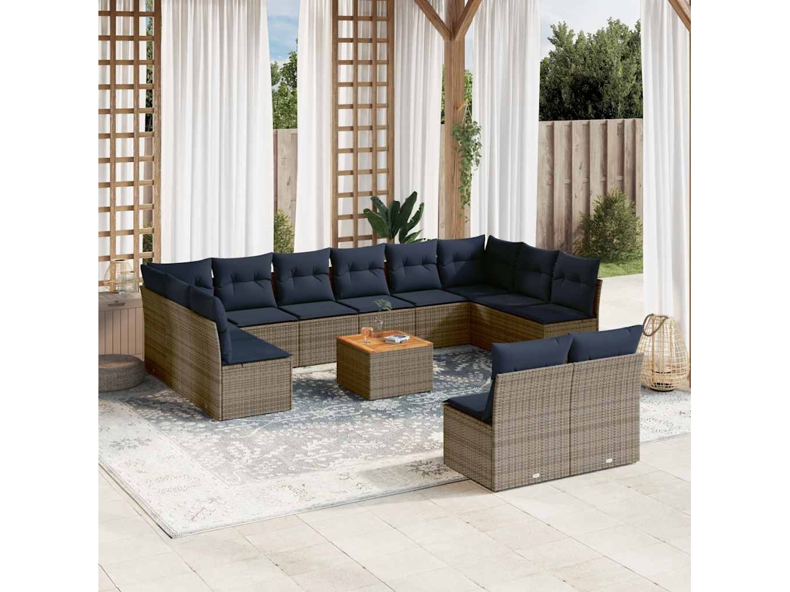 Vidaxl 13 Pcs Conjunto Sofás P/ Jardim C/ Almofadões Vime Pe Cinzento