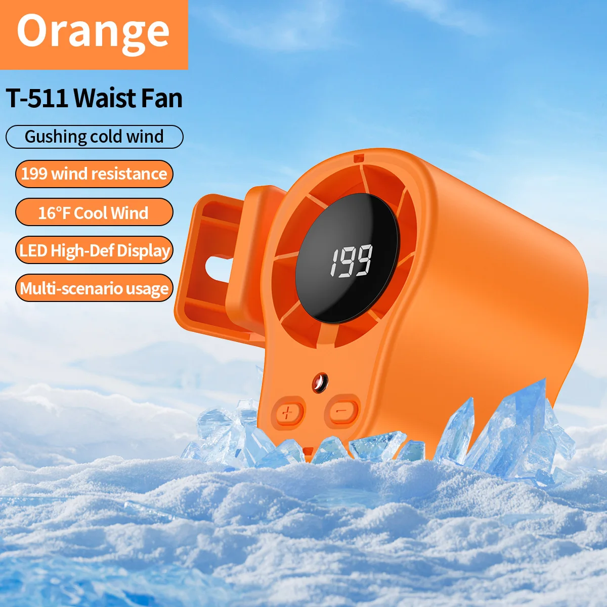 (laranja) Mini ventilador silencioso com rotação de 360° e visor LED, recarregável via USB, ideal para camping e triciclos.