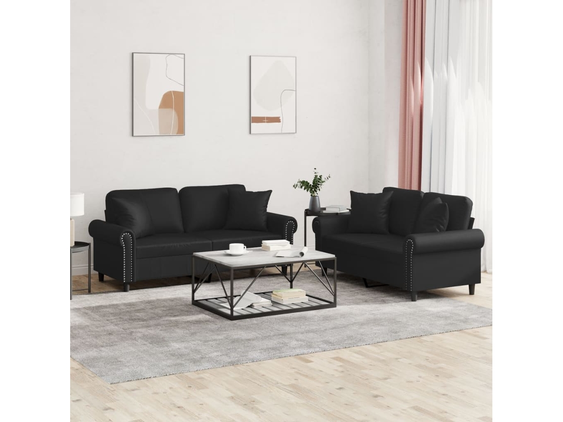 Conjunto 2 Pcs de Sofás Couro Artificial Preto PANGSHIYUAN