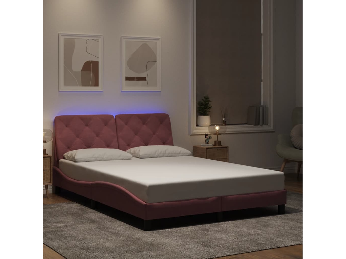 Vidaxl Estrutura De Cama Com Led Sem Colchão 140x190 Cm Veludo Rosa