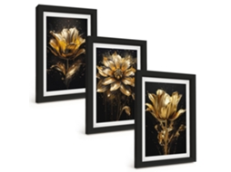 Composição De Quadros Flores, Amarelo, Fundo Escuro Espelharte (3 Peças 20x30 Cm)