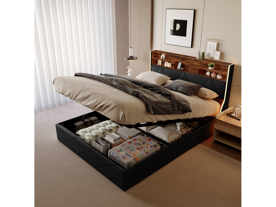 Cama de 160x200 Cm com Arrumação, Revestida em Pele Sintética Preta, Cabeceira com Arrumação, Usb, Faixas de Led, SIMURQ