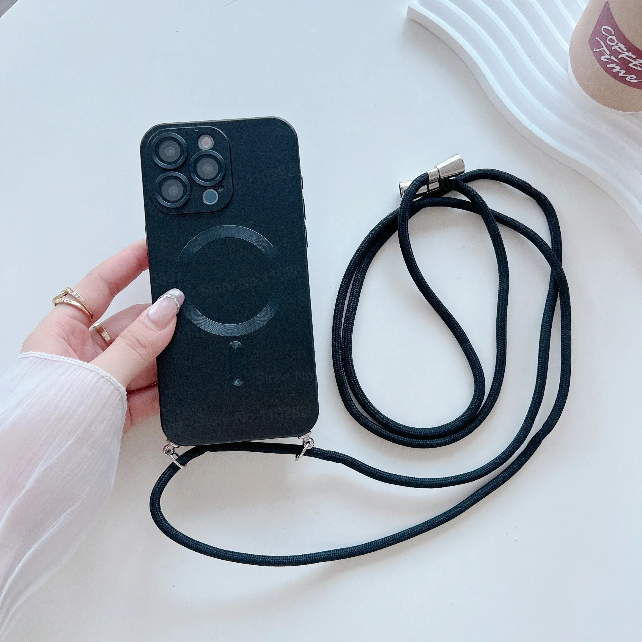 (preto, Iphone 16 Pro Max) Capa Magnética Para Celular Com Alça Transversal E Cordão Fosco Resistente A Impactos.