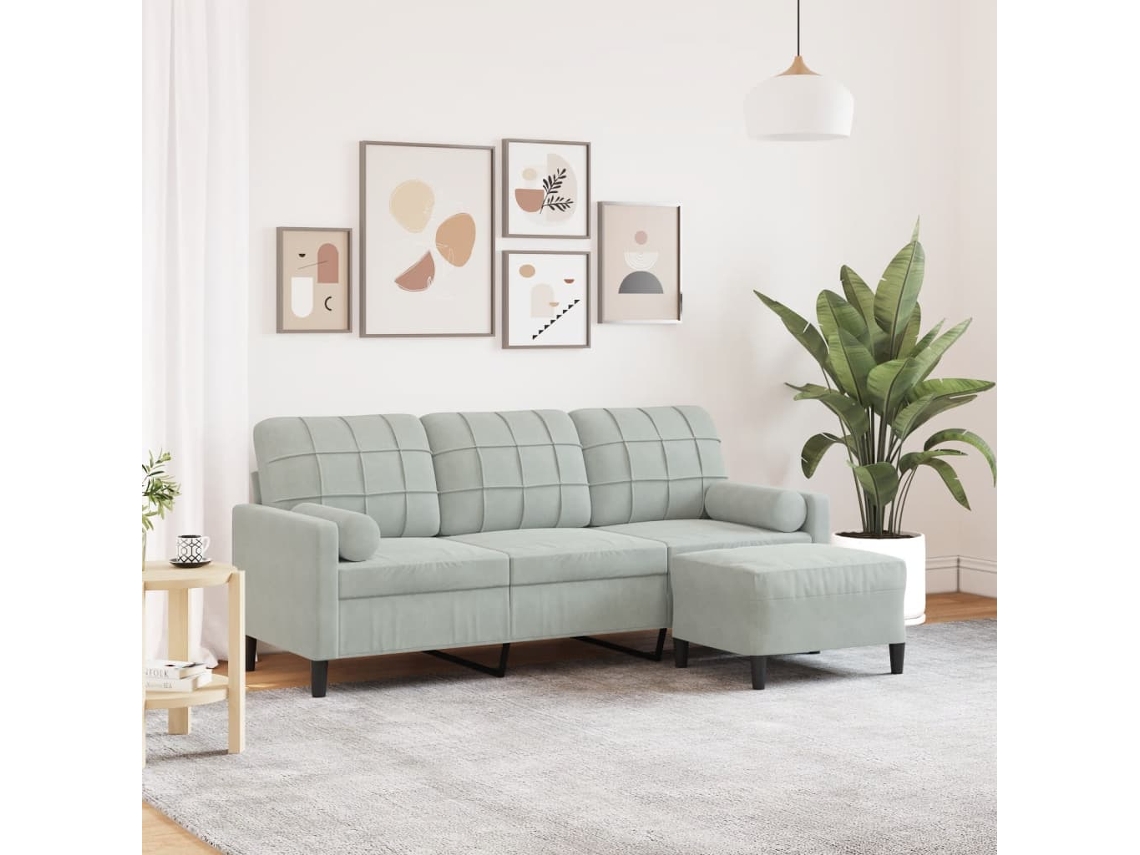 Vidaxl Sofá De 3 Lugares Com Apoio De Pés 180 Cm Veludo Cinzento-claro
