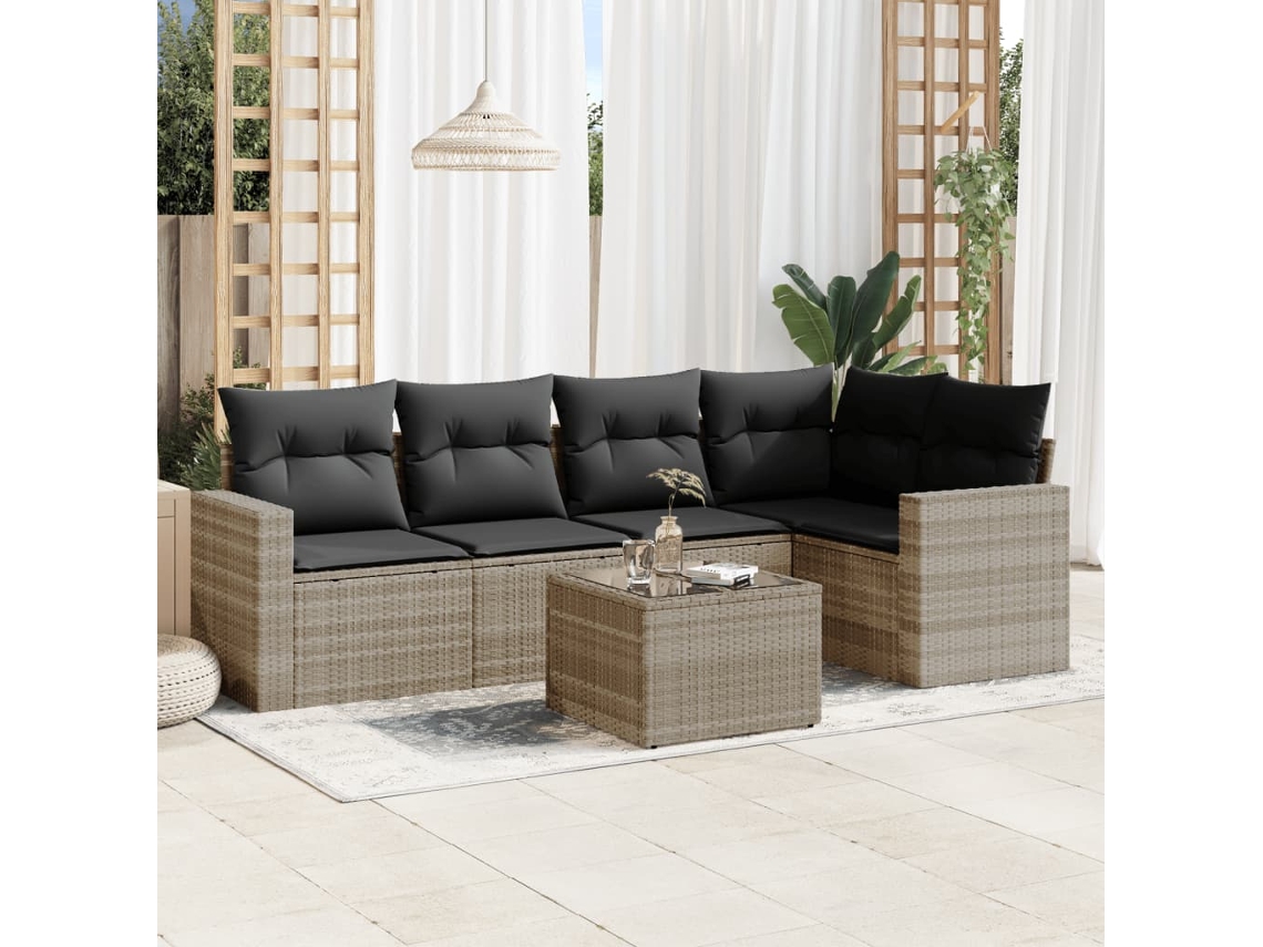 Vidaxl 6 Pcs Conj. Sofás Jardim Com Almofadões Vime Pe Cinzento-claro