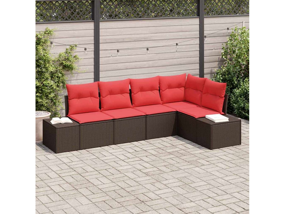 Vidaxl Conjunto De Sofá De Jardim 5 Unid. Marrom E Vermelho Vime Pe