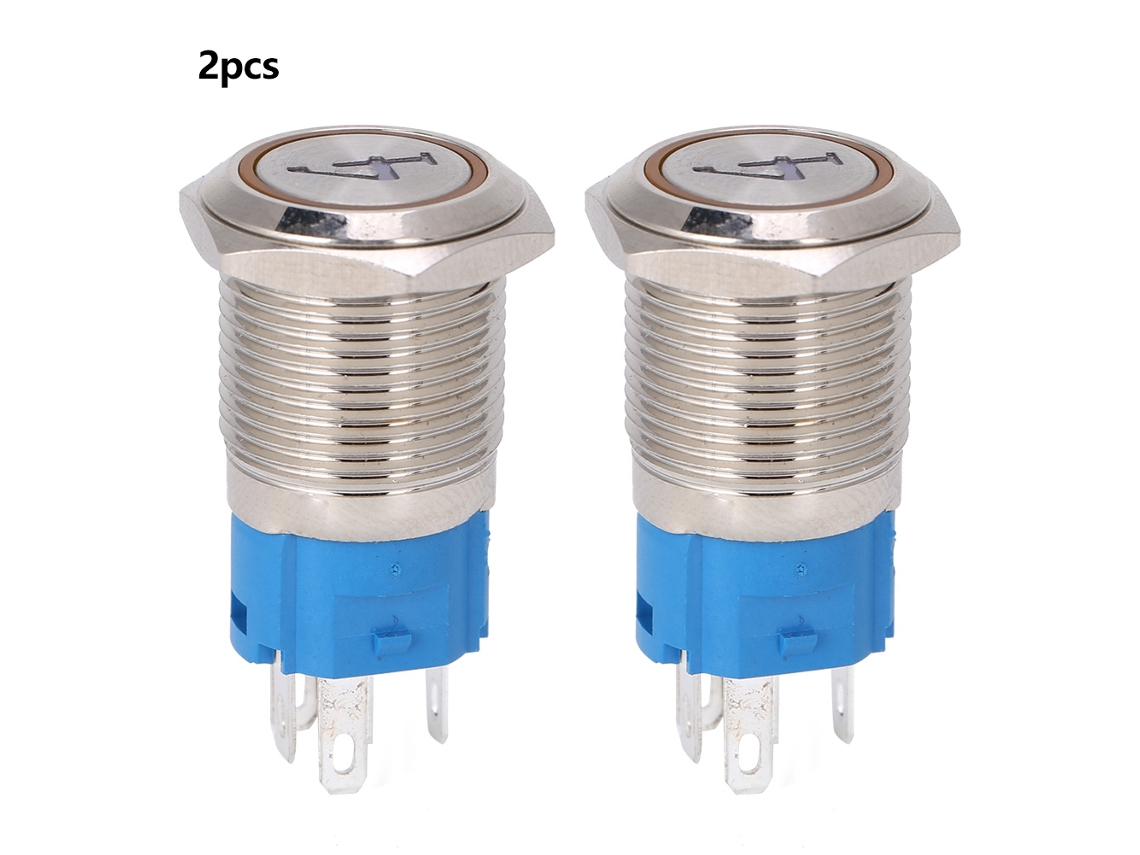 Interruptor De Botão De Pressão De Metal 5 Pinos 16mm Auto-reset Com Luz 12vdc Amarelo 2pcs