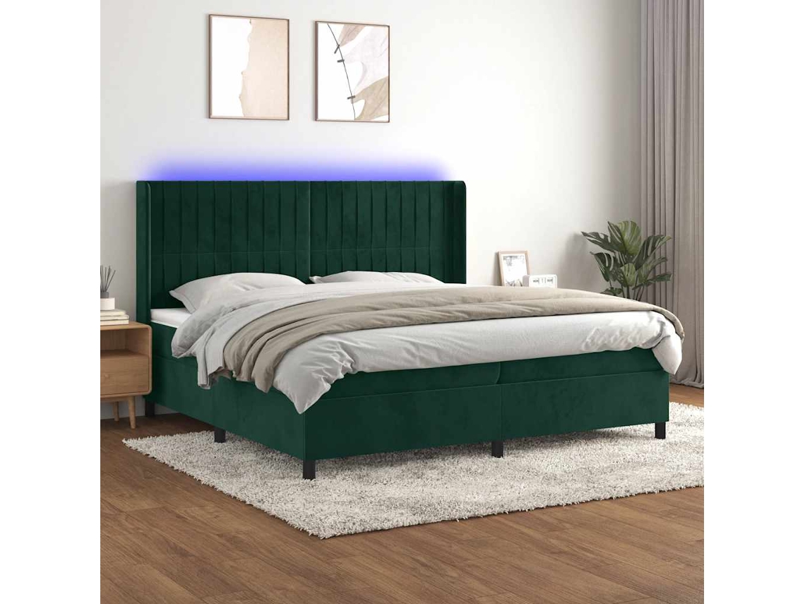 Vidaxl Cama Box Spring C/ Colchão/led 200x200 Cm Veludo Verde-escuro