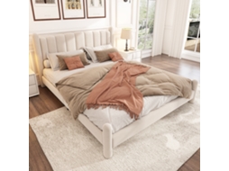 Cama 180x200 Veludo Bege Cabeceira Leque Pés Cilíndricos