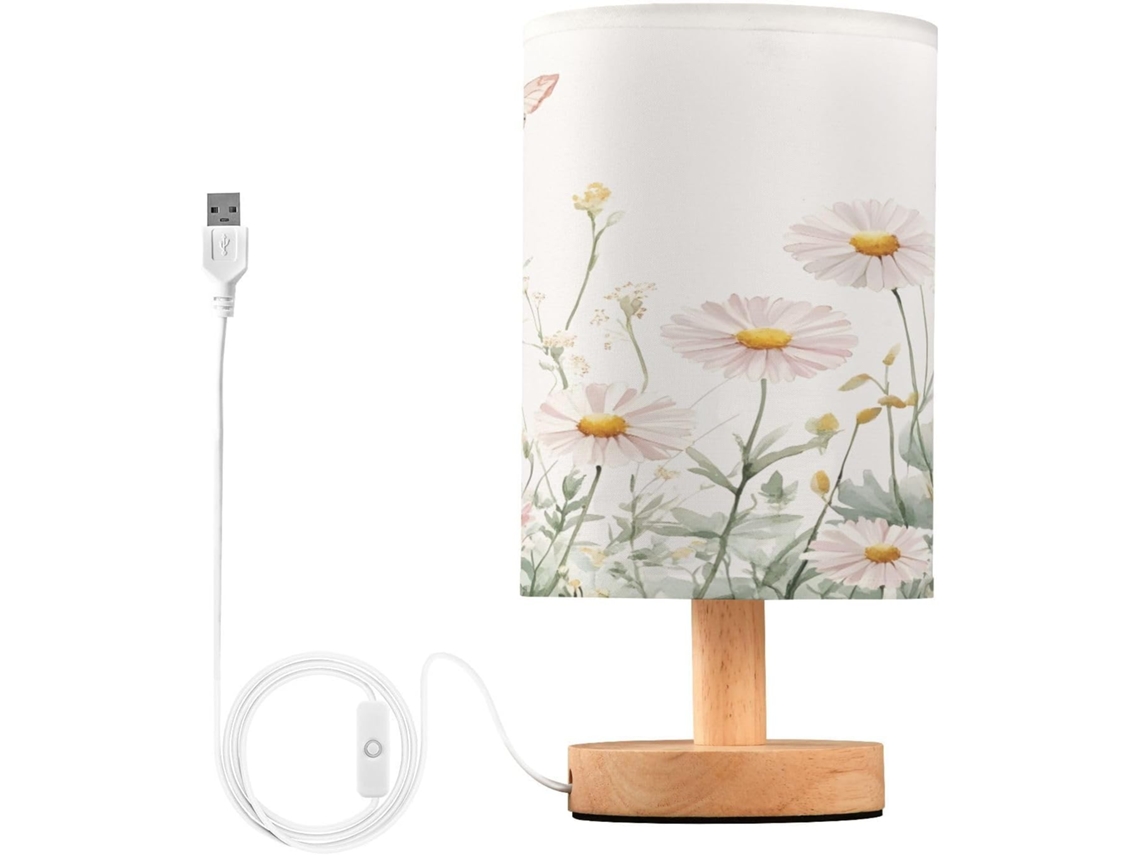 Abajur De Cabeceira Wildflowers Para Quarto, Com Portas De Carregaje USB C, Luminária De Leitura Led, Base De Madeira