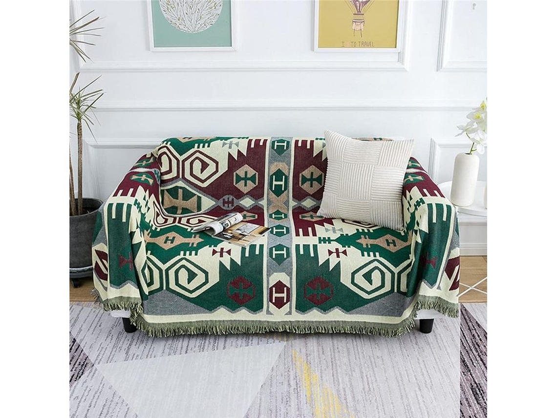 Manta De Sofá Com Pompons Padrão Étnico Geométrico Retro Multiuso 130x180cm