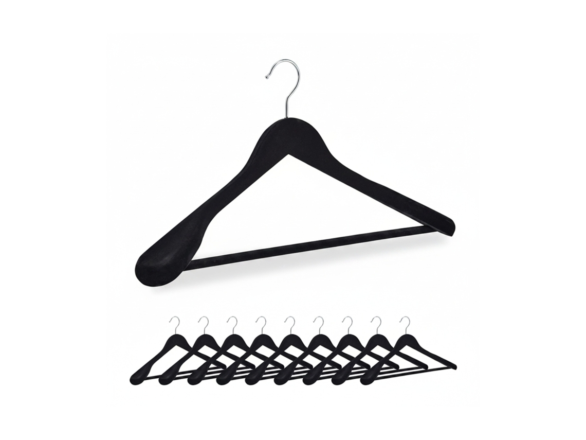 Cabide De Veludo Relaxdays, Conjunto De 10, Ombro Largo, Com Barra Para Calças, Gancho Giratório, Preto