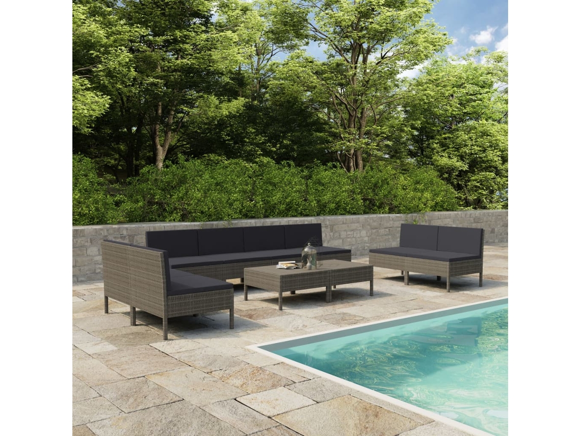 Vidaxl 10 Pcs Conjunto Lounge De Jardim C/ Almofadões Vime Pe Cinzento