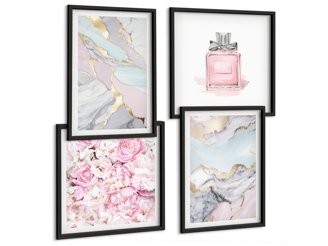 Composição De Quadros Na Parede Ruas Da Cidade, Inspiração Em Preto E Branco Moldura Preta Pinturas De Quarto Espelharte (conjunto De 4 Imagens)