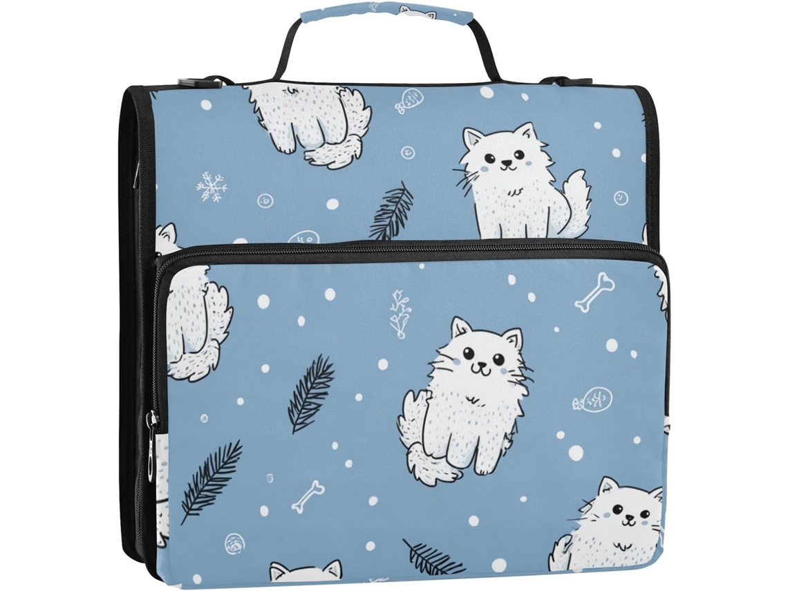Organizador de Fichário com 3 Argolas e Zíper, Alça Ombro Estampa Gato Azul Claro 3,8 Cm Ideal para Escritór