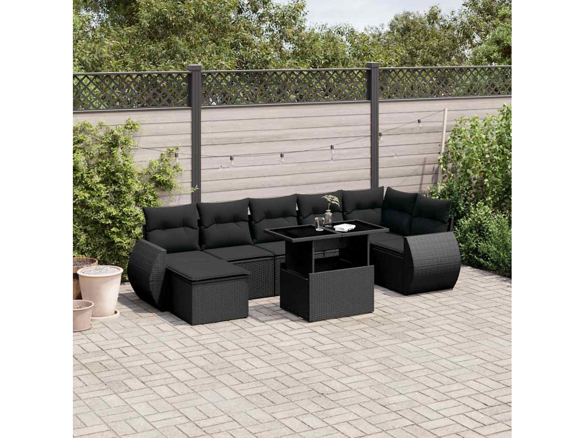 Vidaxl 8 Pcs Conjunto Sofás De Jardim Com Almofadões Vime Pe Preto
