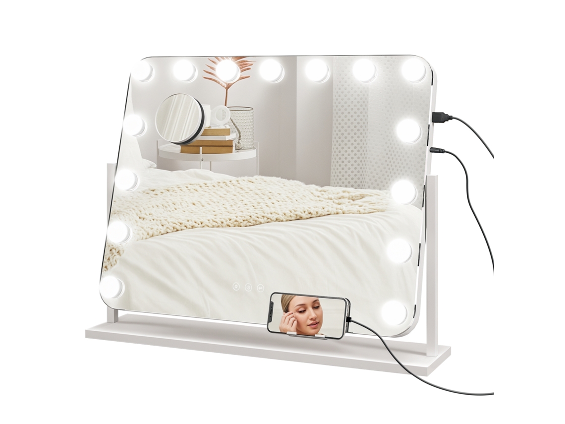 Espelho De Maquiagem Com 14 Luzes Led Ajustáveis E Carregamento Usb, Vidro E Metal, 62,5 X 14 X 49,5 Cm, Branco