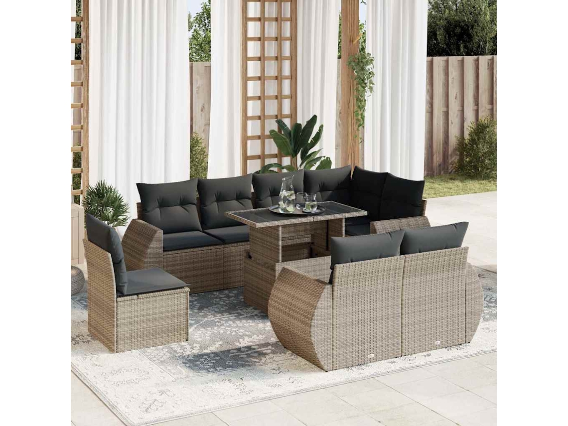 Vidaxl 9 Pcs Conjunto Sofás P/ Jardim Com Almofadões Vime Pe Cinzento