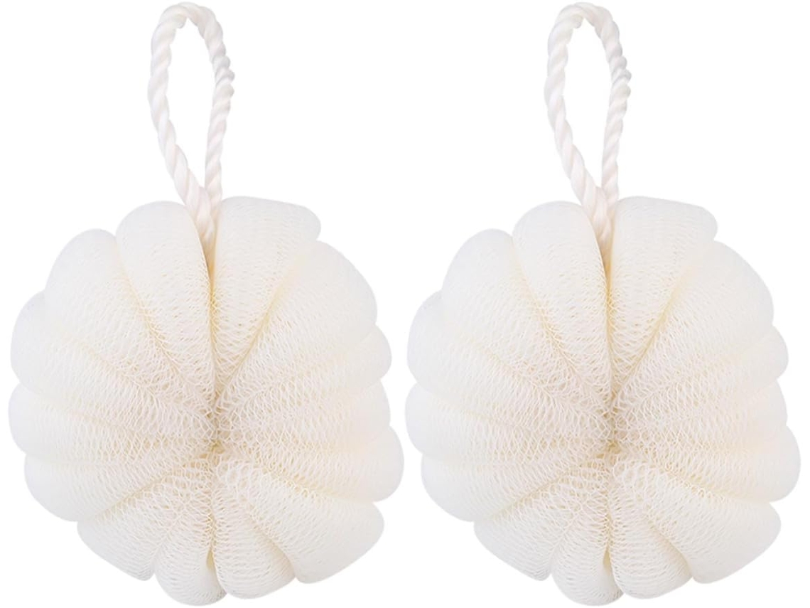 Conjunto de 2 bolas de banho esfoliantes, esponja PE em formato de pétala com cordão para fixação.