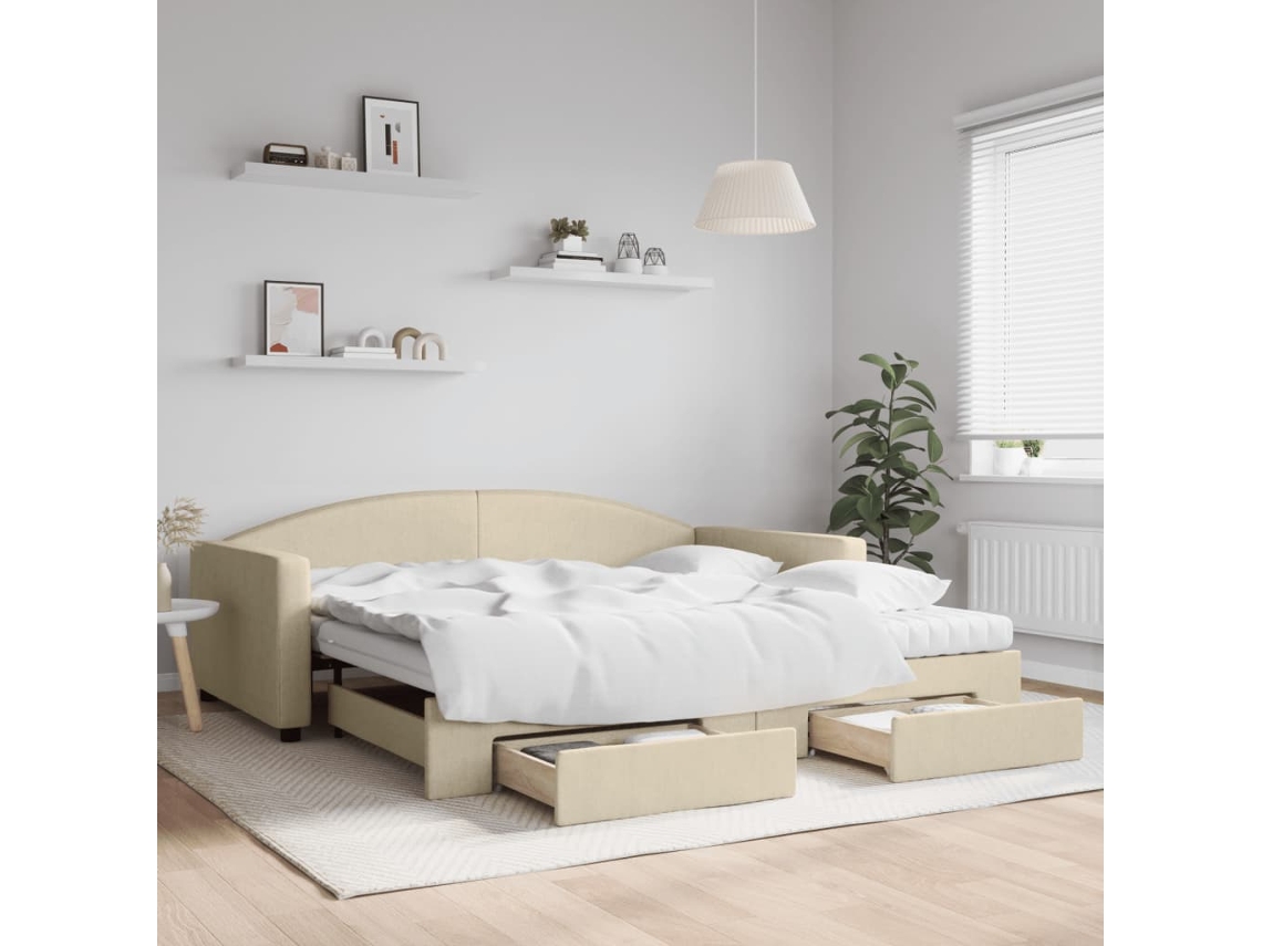 Vidaxl Sofá-cama Com Gavetão E Gavetas 100x200 Cm Tecido Cor Creme