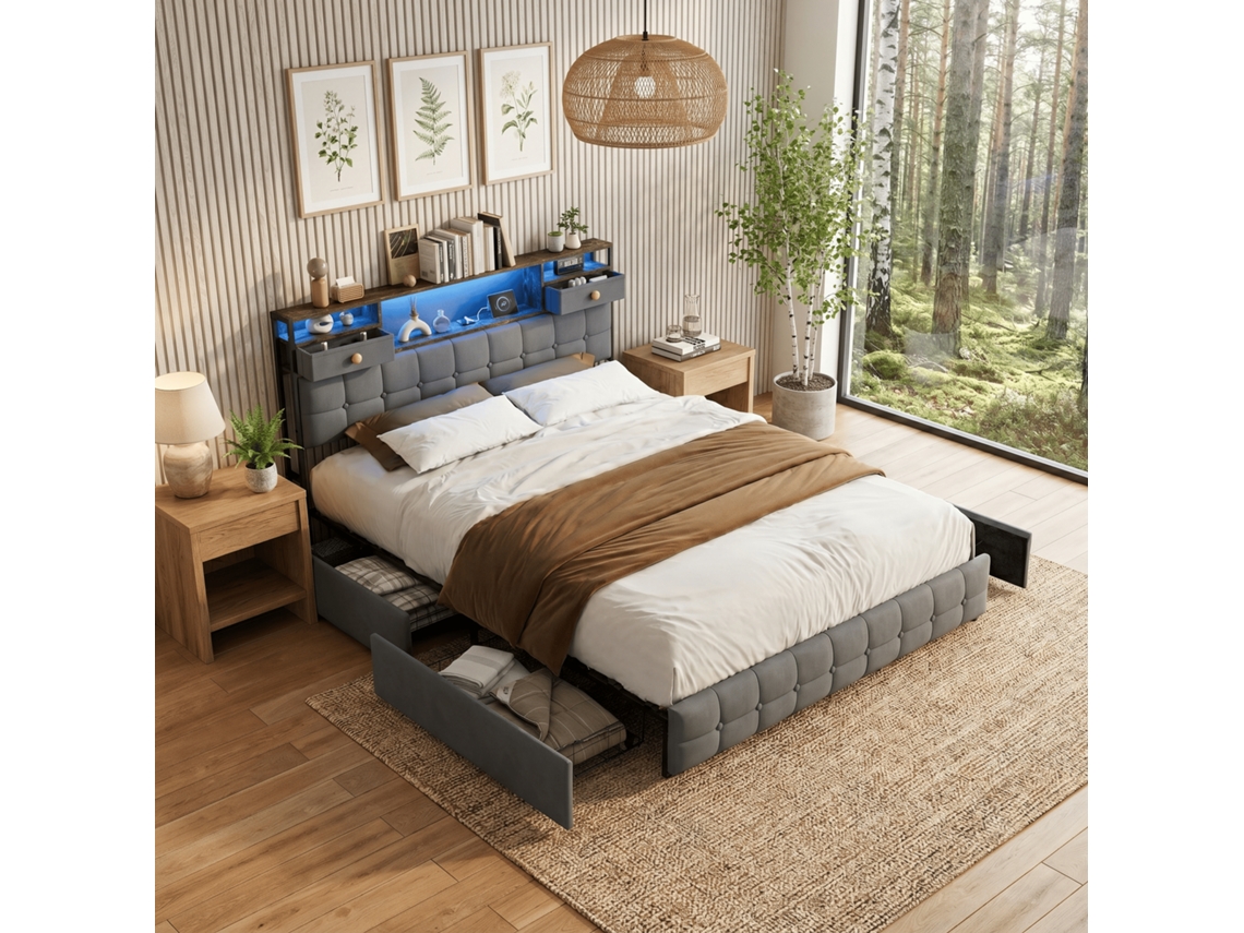 Cama Casal Para Quarto 160x200 Cm Com 4 Gavetas De Arrumação E Iluminação Led, Cabeceira Com Prateleira, Cama Estofada Com Usb