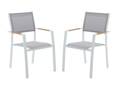 Conjunto de 2 cadeiras de jardim empilháveis em alumínio e textilene cinzento claro e branco Macila by MYLIA