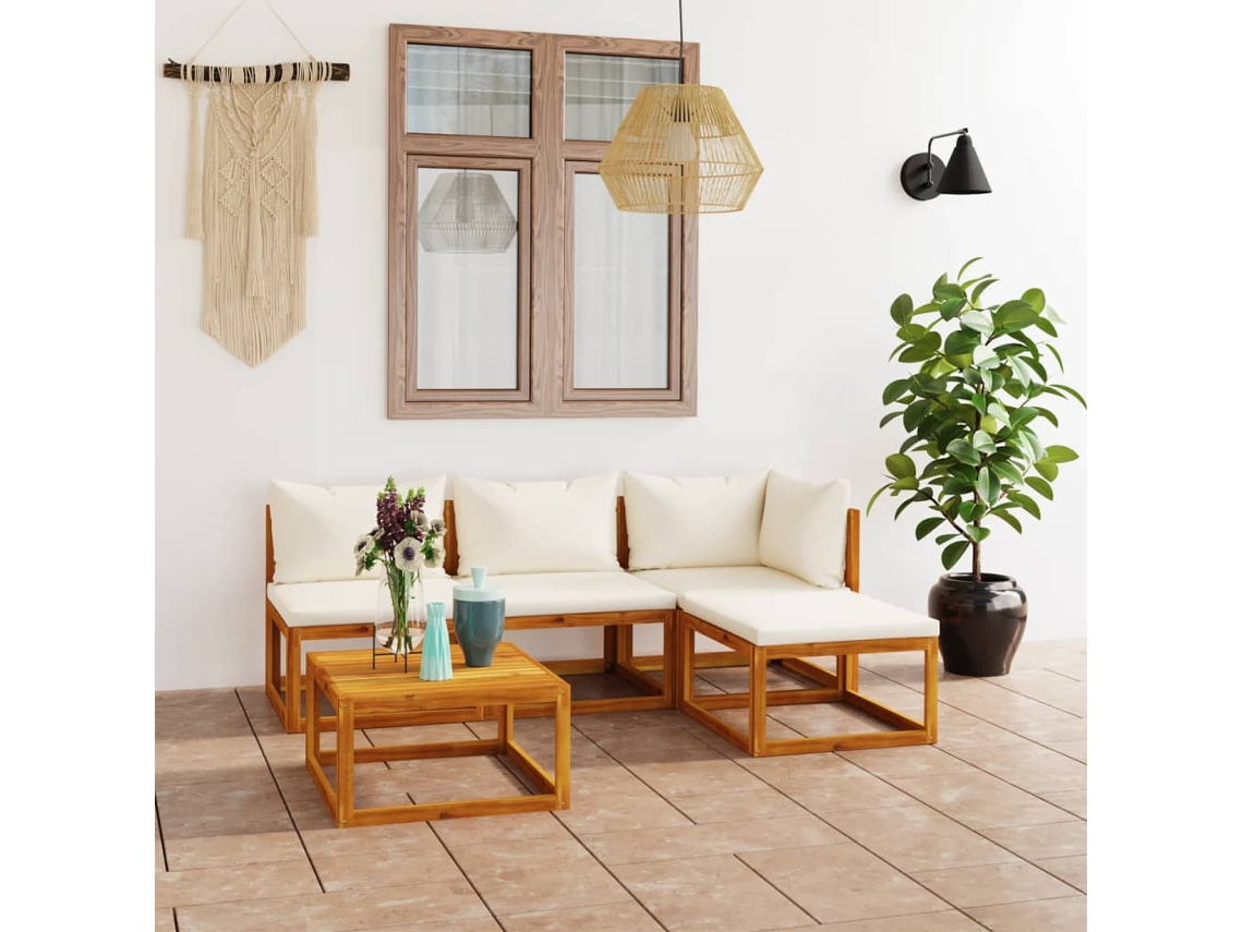Vidaxl 5 Pcs Conjunto Lounge Jardim C/ Almofadões Acácia Maciça Creme