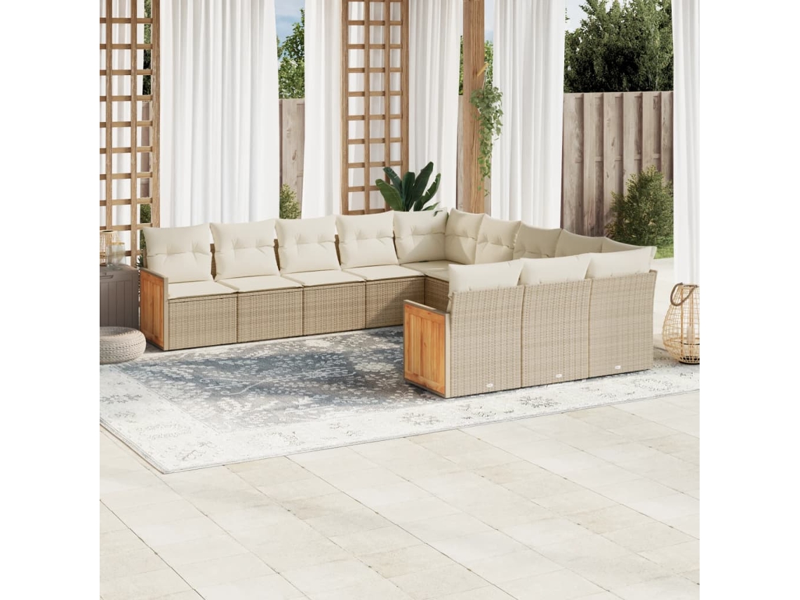 Vidaxl 11 Pcs Conjunto Sofás De Jardim C/ Almofadões Vime Pe Bege