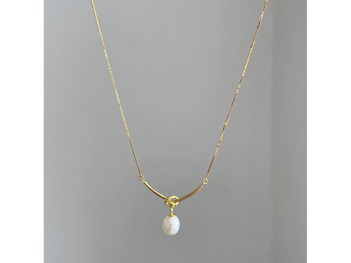 Colar com Pingente de Pérola de Água Doce Natural em Prata de Lei 925 com Nós Dourados Estilo Sofisticado, Luxo Discreto MDUG
