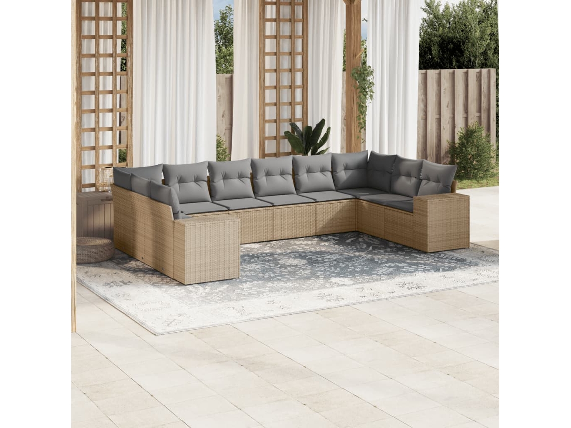 Vidaxl 10 Pcs Conjunto De Sofás P/ Jardim Com Almofadões Vime Pe Bege