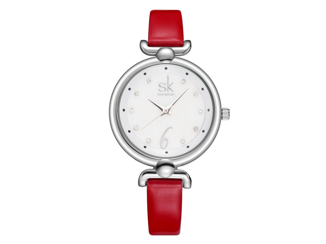 Relógio de Pulso Feminino de Quartzo com Pedras Strass e Pulseira Delgada Sk Casual (vermelho)