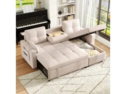 Sofá Moderno Em L Com 3 Lugares - Sofá Modular Conversível - Com Arrumação E Suporte Para Bebidas - Bege