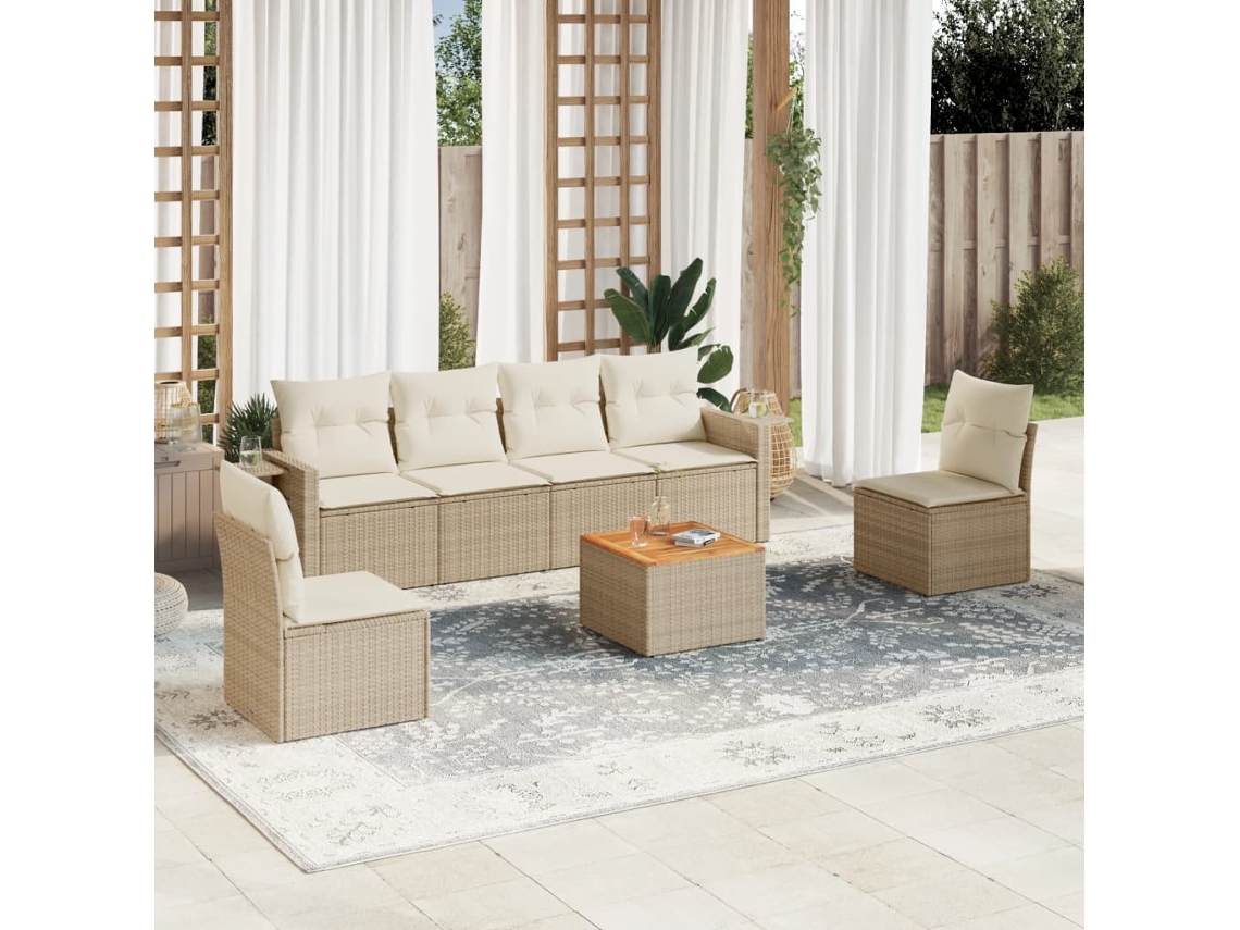 Vidaxl 7 Pcs Conjunto De Sofás P/ Jardim Com Almofadões Vime Pe Bege