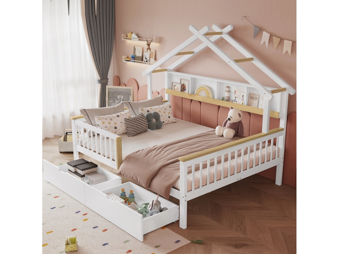 Cama Infantil Branca/natural 140x200cm, Telhado, 2 Gavetas, Proteção.-op
